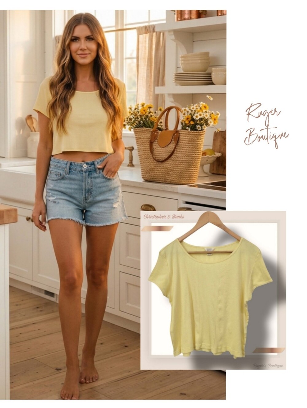 🌿Christopher & Banks Women's Medium Light Yellow Ribbed Pima Cotton Crop Top